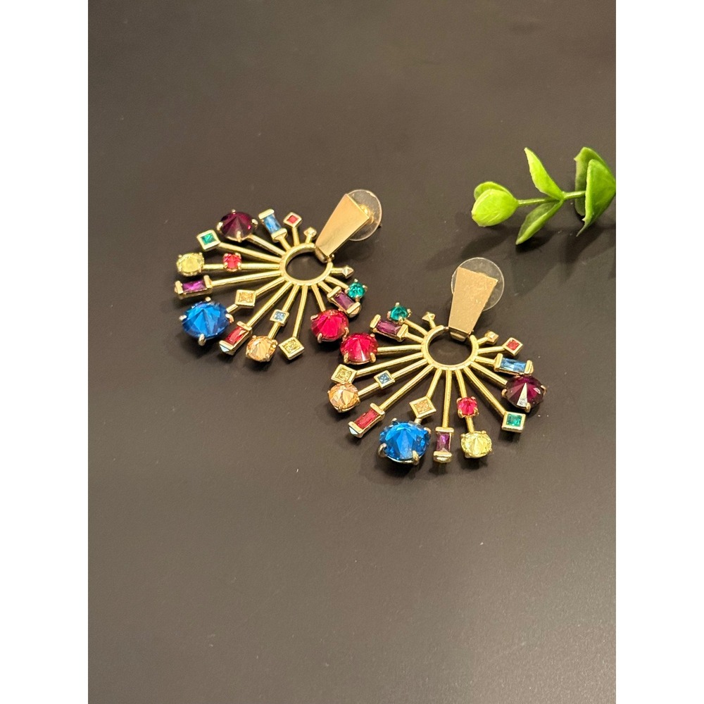 Kendra Scott Fabia Multi Color Crystal Sunburst Statement Earrings Gold Tone - Picture 7 of 10